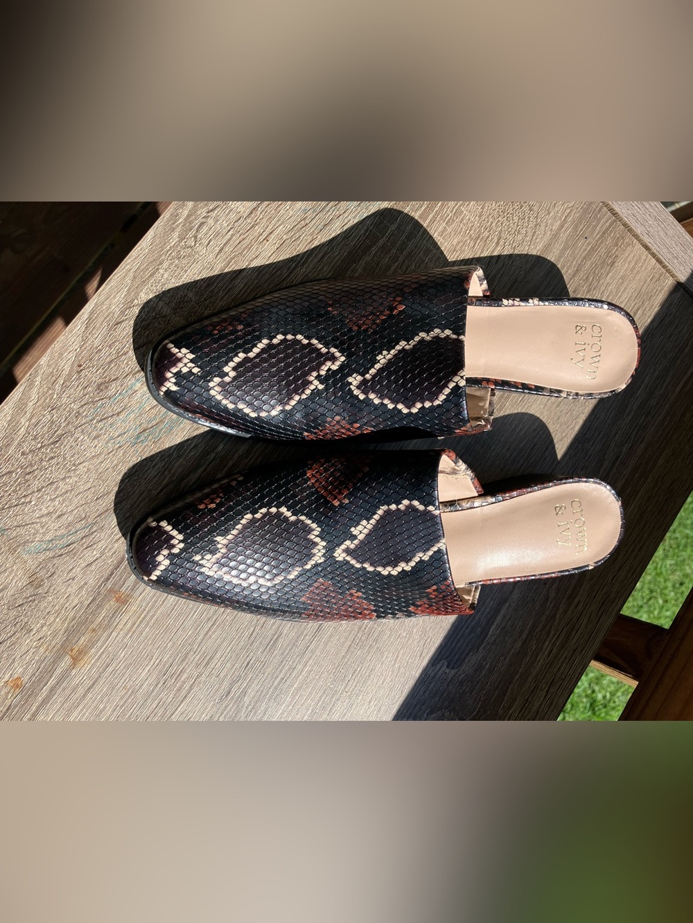 crown & ivy Black and Brown Snake-Print Slip-On Mules
